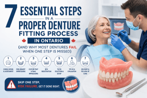 Senior patient receiving a denture fitting consultation beside a “7 Essential Steps in a Proper Denture Fitting Process in Ontario” infographic in a modern dental clinic.