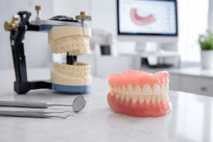 Dental clinic scene showing dentures on a clean surface with dental tools and a model jaw in the background, representing the denture fitting process in Ontario.
