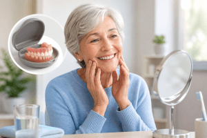 Smiling senior woman looking in a mirror while gently touching her cheeks, with a clean denture set in a case beside her in a bright, comfortable home setting.