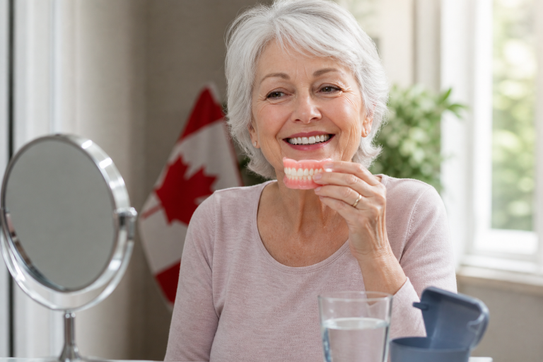 Smiling senior woman in a bright, cozy home holding dentures and looking in a mirror, representing early adjustment and confidence during the first month of wearing dentures in Canada.