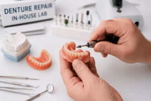 Emergency denture repair in Toronto performed by a dental technician in an in-house dental lab, restoring a damaged denture with precision tools.