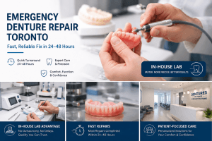 Emergency denture repair Toronto advertisement highlighting fast 24–48 hour repairs and the advantages of an in-house dental laboratory.